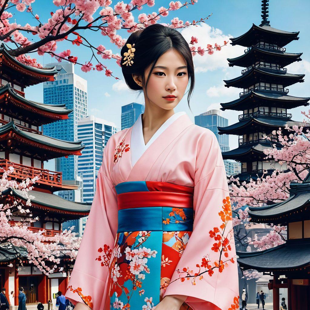 A vibrant and intricate collage showcasing elements of Japanese culture intertwined with abstract representations of community, featuring iconic symbols like cherry blossoms, traditional garments, and manga-style characters. The background should depict a bustling cityscape blending modernity and tradition, with playful and sensual undertones that hint at the exploration of adult themes. Use bright colors and dynamic contrasts to create an engaging atmosphere. digital art. vibrant colors. modern design.